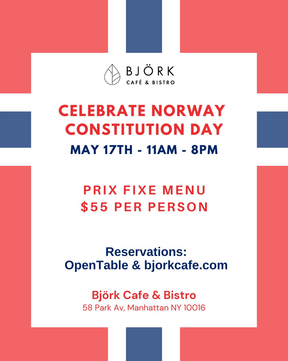 Today is Norway's Constitution Day 🇳🇴 ! Celebrate Syttende Mai at Björk today with a prix fixe including 'SpeWe' ham with scrambled eggs, shrimp salad, berry pavlova, mimosas and drink specials; open til 8 PM. Gratulerer med dagen! #syttendemai Reservations: