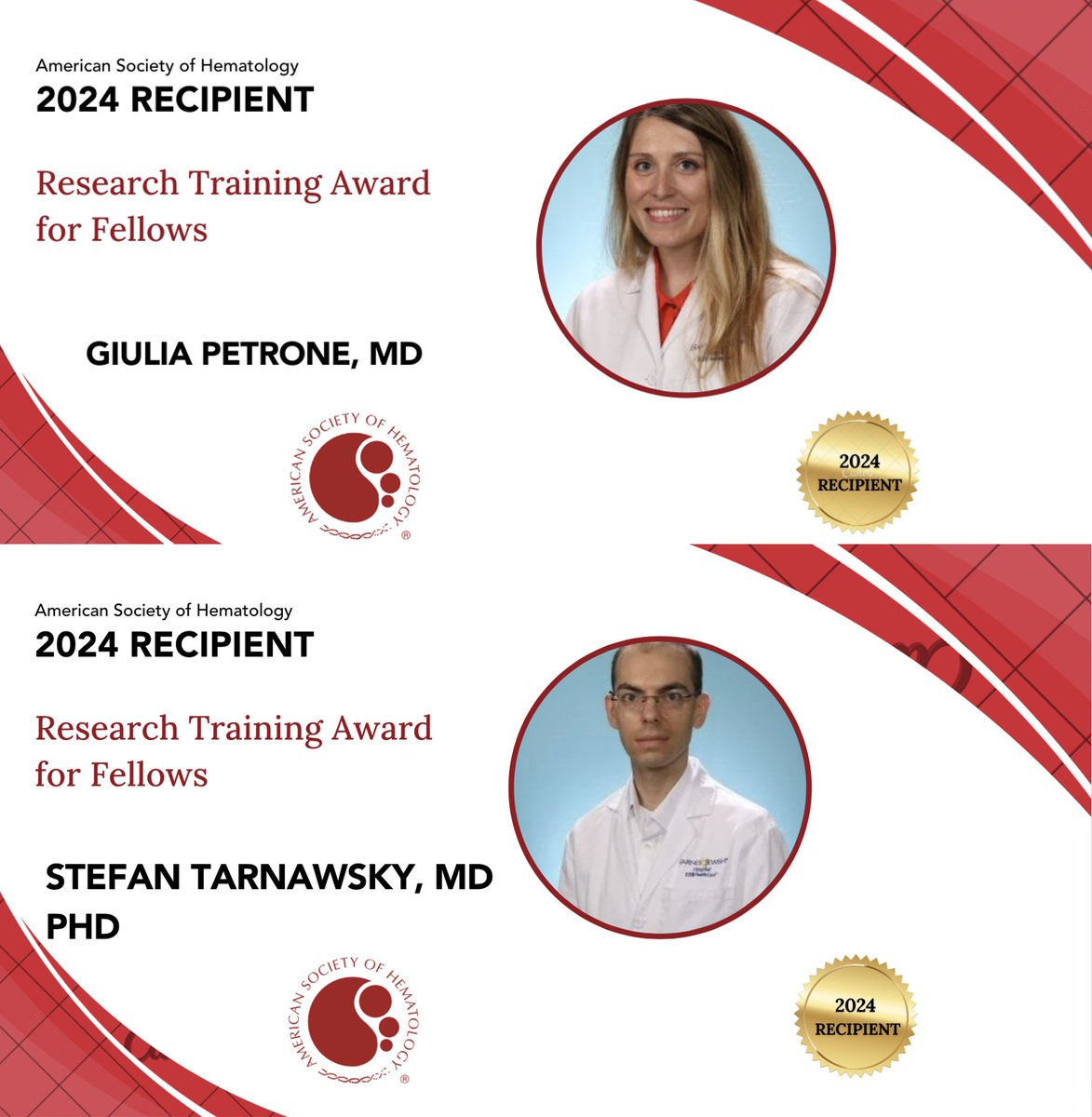 Congratulations to our very own Giulia Petrone MD and Stefan Tarnawsky MD,PhD for being selected by @ASH_hematology to receive the Research Training Award for Fellows (RTAF)! 🙌🌟 So proud of you and here's to many more! @WUHemeOncFellow #ASHAwards