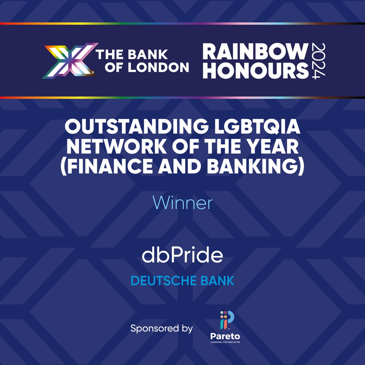 RainbowHonours's tweet image. And the winner of the #RainbowHonours2024 Outstanding LGBTQIA Network of the Year (Finance &amp;amp; Banking) is...#dbPride @DeutscheBank. Keep up the good work! #RainbowHonours2024 thebankoflondonrainbowhonours.com