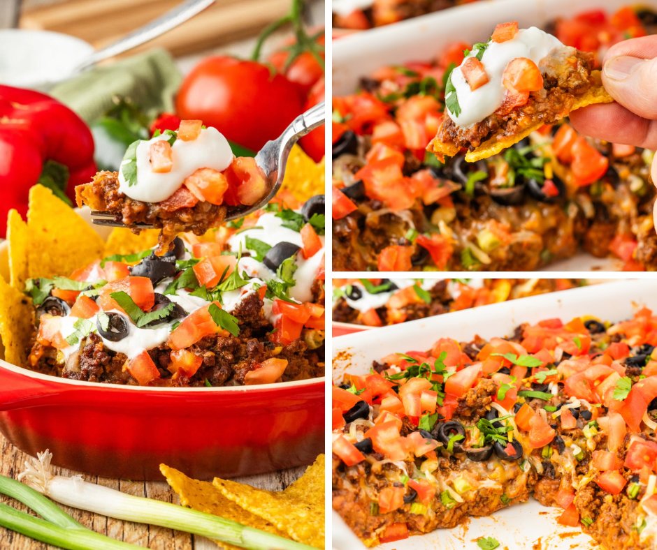 The ultimate EASY TACO CASSEROLE #recipe with tender ground beef, refried beans, taco flavors, cheese, and a layer of corn tortilla chips! 😋 GO HERE: tinyurl.com/mpd296a4 #tacocasserole #casserole #casseroles #recipes #appetizers #hipmamasplace #sidedishes