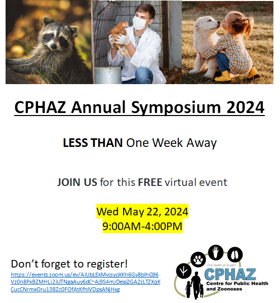 The 2024 CPHAZ Annual Symposium is May 22, 9 to 4! The Symposium features four sessions: Zoonotic Diseases & Surveillance Part 1; Antimicrobial Resistance; Zoonotic Diseases & Surveillance Part 2; and Climate & One Health. To register on Zoom, visit: tinyurl.com/426ad4tm