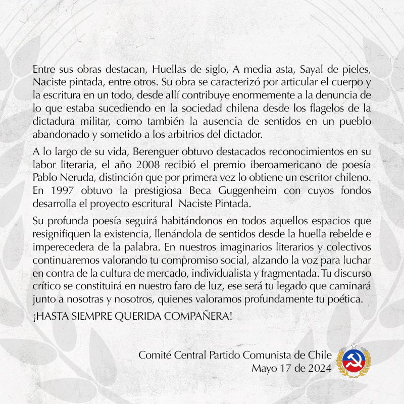 ⚫️ Lamentamos profundamente la partida física de nuestra querida compañera Carmen Berenguer, quien fuera una destacada artista visual, poeta y ensayista.