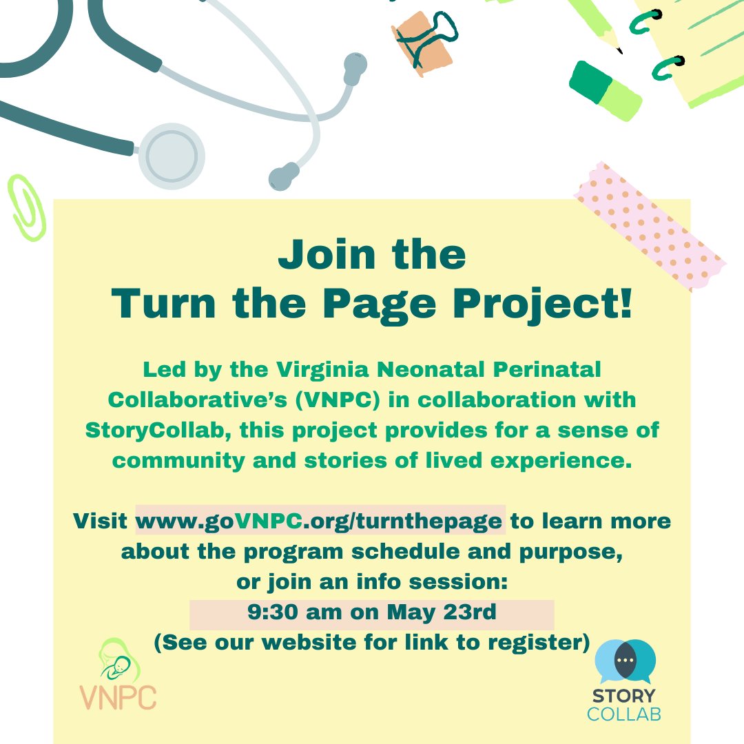 The VNPC is seeking Virginia maternal health clinicians to participate in the next round of the Turn the Page Project, facilitated by @StoryCollab in a virtual format.Read more about this opportunity on our website (goVNPC.org/initiatives).
#govnpc #virginianpc #vnpc