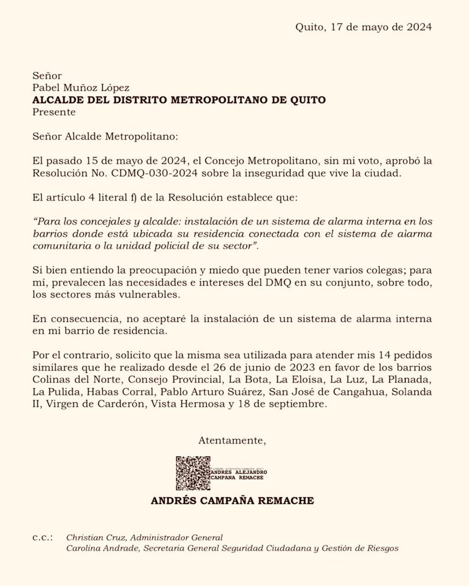 No aceptaré la instalación de un sistema de alarma interna en mi barrio de residencia Por el contrario, solicito que la misma sea utilizada para atender mis 14 pedidos de alarmas comunitarias que he realizado desde el 26 de junio de 2023 en favor de los barrios de Quito