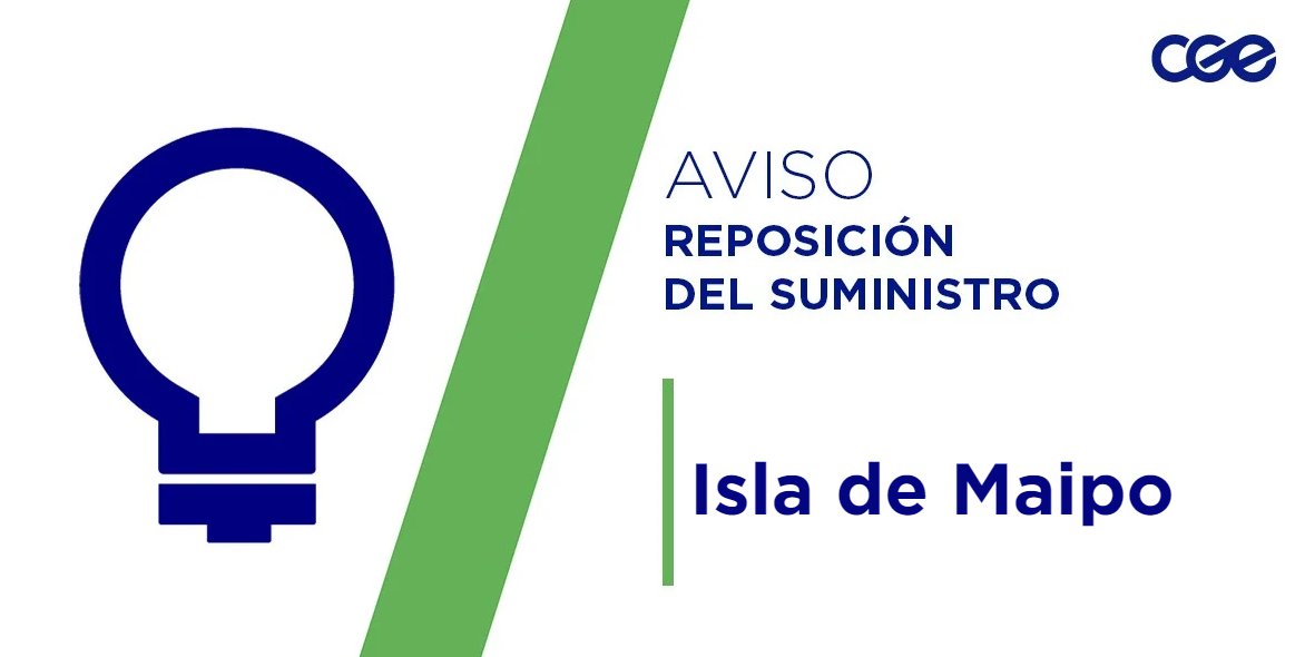 Informamos a nuestros clientes de los sectores Ruta G-420, comuna de #IsladeMaipo, la normalización del servicio. Verifica tus automáticos, si continúas sin energía, comunícate con tu número de cliente a nuestros distintos canales de atención 📲 y te ayudaremos a solucionar el