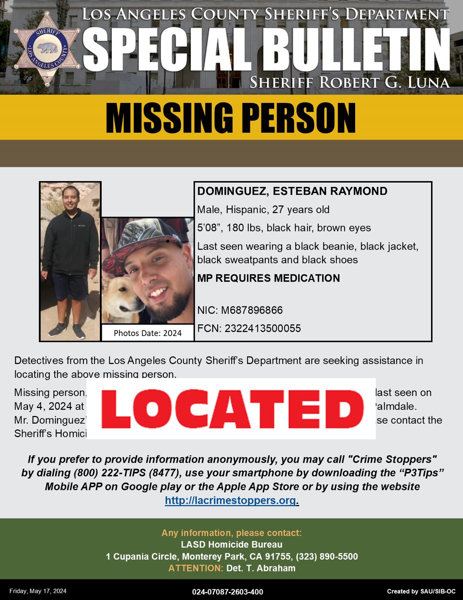 #LASD Advising Missing Person, Esteban Raymond Dominguez has been #found #Palmdale local.nixle.com/alert/10993181/