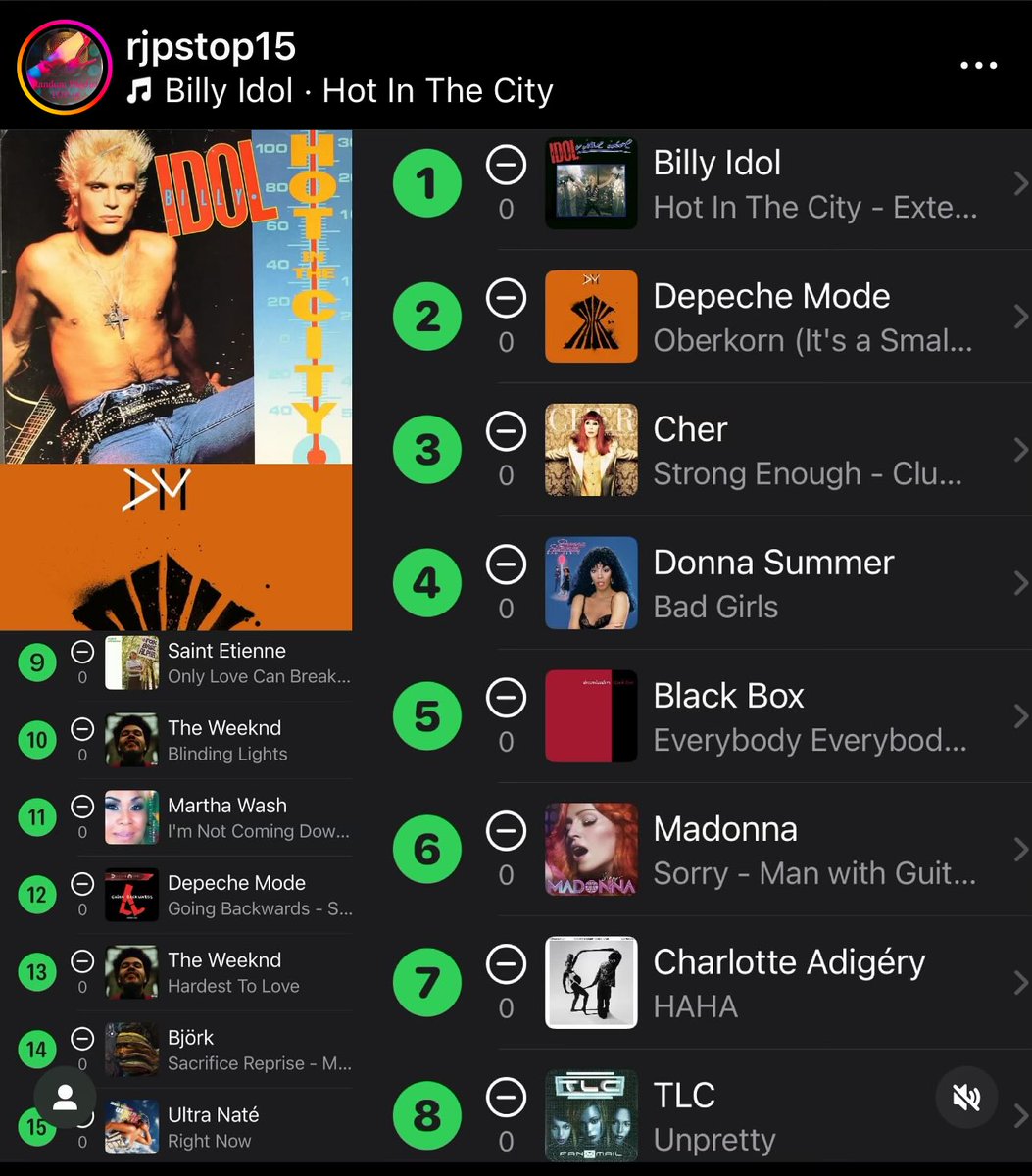 RANDOM PLAYLIST TOP 15: Feb 20/24 Listen and follow via Instagram link in bio #ultranate #bjork #theweeknd #depechemode #marthawash #saintetienne #tlc #charlotteadigéry #madonna #blackbox #donnasummer #cher #depechemode #billyidol