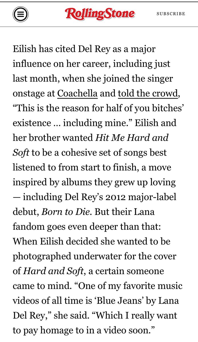 In a recent interview for Rolling Stones, Billie Eilish says she’s very influenced by Lana Del Rey and that she wants to pay homage to the Blue Jeans music video in one of her next music videos.