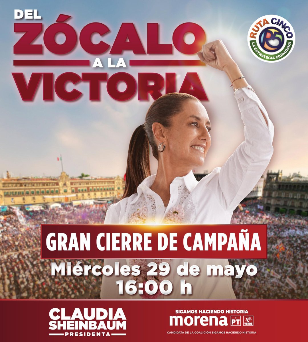 ¡🤩Aparta la fecha, los de @Ruta5Nacional vamos con @Claudiashein del Zócalo a la victoria🤩!

#ClaudiaPresidentaDeMéxico2024