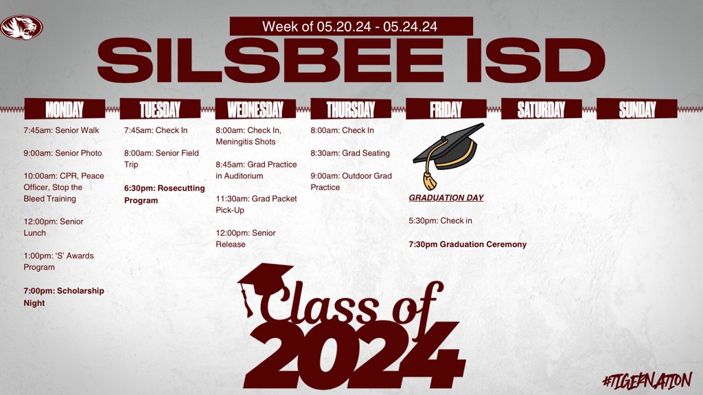 Senior Week kicks off Monday! Our 2024 graduates have a lot of activities to fill their final few days of school! Key dates: Scholarship Night: Monday Rosecutting: Tuesday Graduation Day: Friday