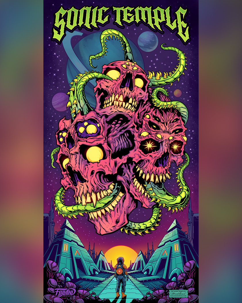 Here's the full Space Skulls pillar illustration I created for Sonic Temple music festival - this thing is EIGHT FEET TALL and printed on four sides of a giant pillar at the festival.
#sonictemple #musicfestival #gigposter #skullart #psychedelicart