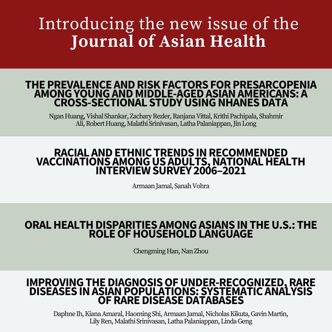 Published by Stanford CARE, the Journal of Asian Health has released a new issue featuring four articles aimed at advancing Asian precision health. To read more, access the articles here:journalofasianhealth.org/index.php/jasi…