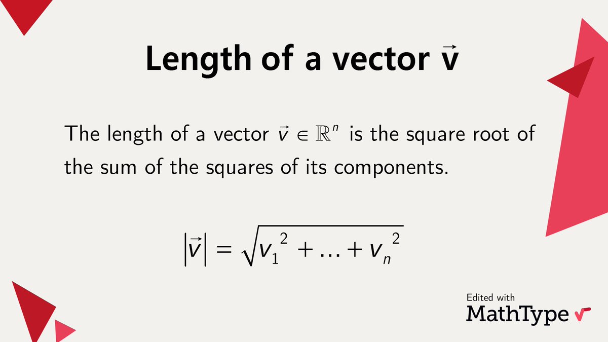 The length of a vector, also known as its magnitude or norm, refers to the measure of its size or extent. It provides information about the vector's distance from the origin to its endpoint in a coordinate system.

#MathType #math #mathematics #mathematical #mathfacts