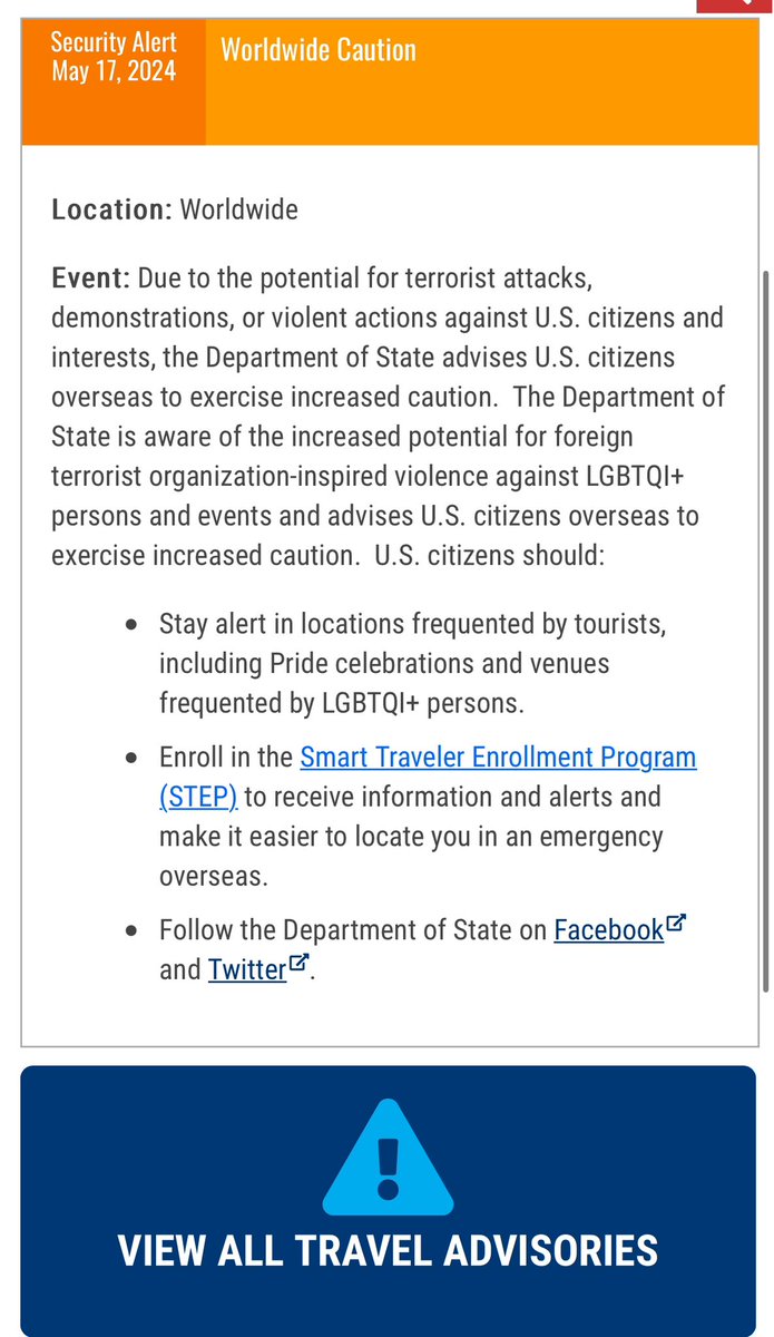 BREAKING: U.S. State Dept issues a worldwide travel alert, warns of terrorist organization-inspired violence against LGBTQI+ persons and events