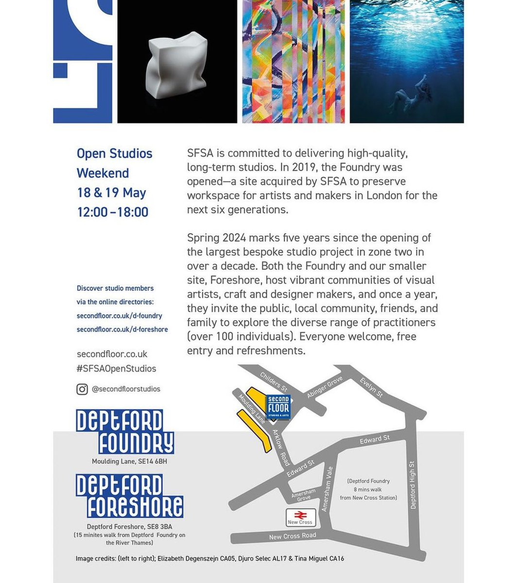 Open Studios this weekend at Deptford Foundry and Foreshore sites. 12-6pm both days, free event, all welcome. Over 130 artists, makers and designers will be opening their private studio doors to the public, showcasing their work, ideas and practice.