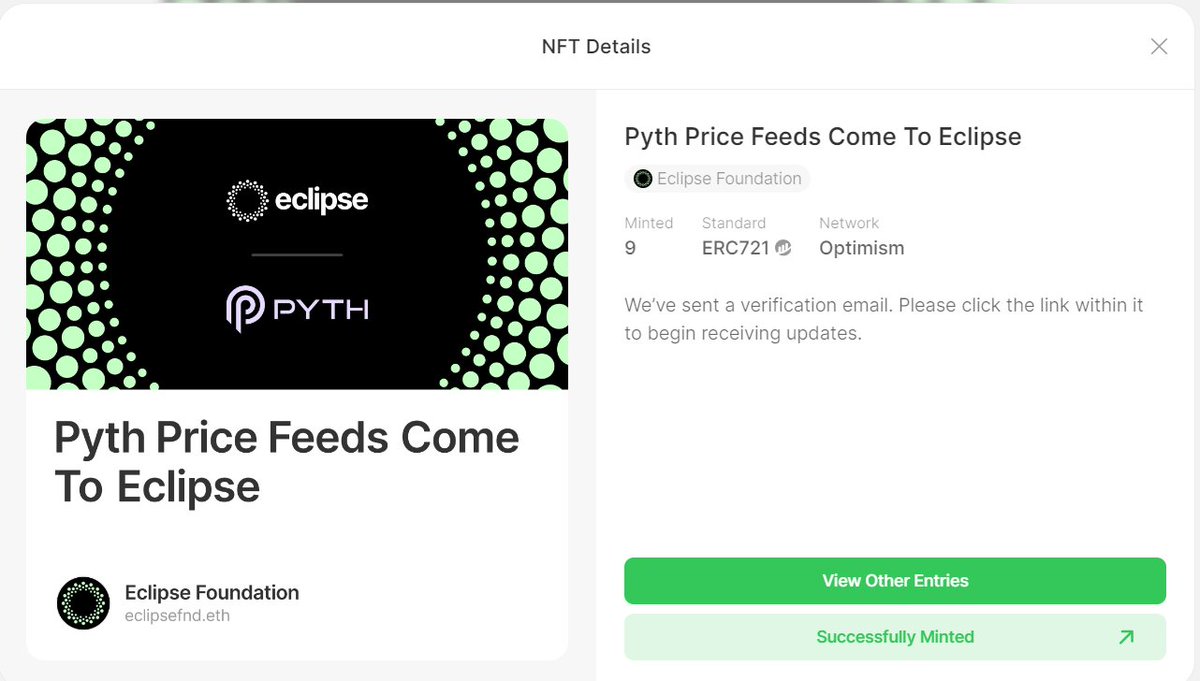 Pyth ve Eclipse ortaklığının ardından, Mirror üzerindeki yazının NFT'sini mintledim.

Mintleyen sadece 9 kişi var ve @EclipseFND 'in Mirror üzerindeki ilk ve tek yazı/NFT'si✅

🔗 mirror.xyz/eclipsefnd.eth…