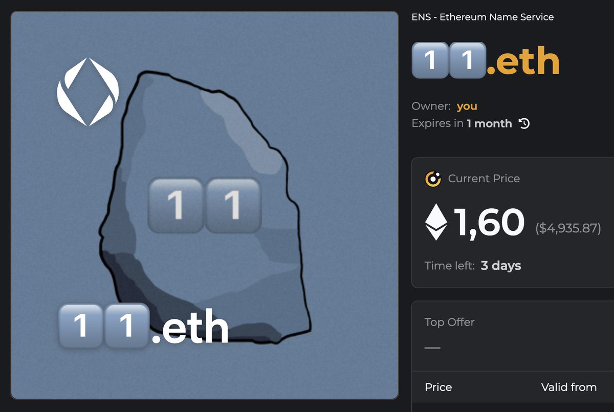 Exclusively on @ensvision: 1⃣1⃣.eth for 1.6 E

- 100 in existence (0⃣0⃣-9⃣9⃣)
- Only 10 repeaters #Ethmoji99
- The best offer at the moment

@Ethmoji99 it is the only possible way of owning pure double digits in all of #ENS.

#Web3 #Ethmoji #EtherRock #EtherRocks #EnsDomains