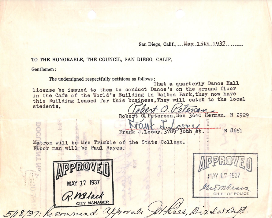 Dance, Dance, Dance! Check out the 1937 petition for a dance hall license at Balboa Park’s Cafe of the World's Building by Robert O. Peterson & Frank J. Losey @ tinyurl.com/2epzvrym. Explore the historical and legal records of our City’s past @ tinyurl.com/52tt8e75!