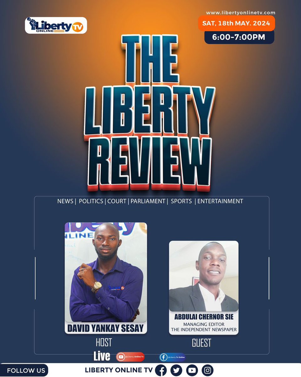 Kindly join host David Sesay on tomorrow’s edition of the Liberty Review Program, as he will be joined by Abdulai Chernor See, Managing Editor of Independent Newspaper, to discuss this week’s top trending stories with a prime focus on the increment in toll gate charges. #Salone