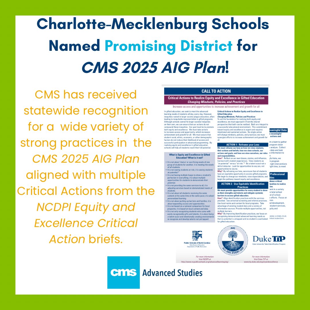 📣@CharMeckSchools was named a ‘Promising District’ by NCDPI for the CMS 2025 AIG Plan!  We are so honored. 

💻Learn more and check out Guidebook 2.0  bit.ly/ncdpiguidebook

#giftededucation #gtchat #gifteded #ncgifted