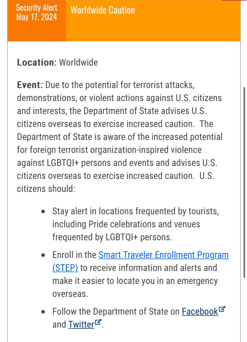 🚨 BREAKING NEWS 🚨

The U.S. State Department has issued a global travel alert, cautioning against potential terror threats targeting LGBTQ events. 

Authorities urge vigilance and reporting of any suspicious activities. #TravelSafe #LGBTQ #Breaking #Trans