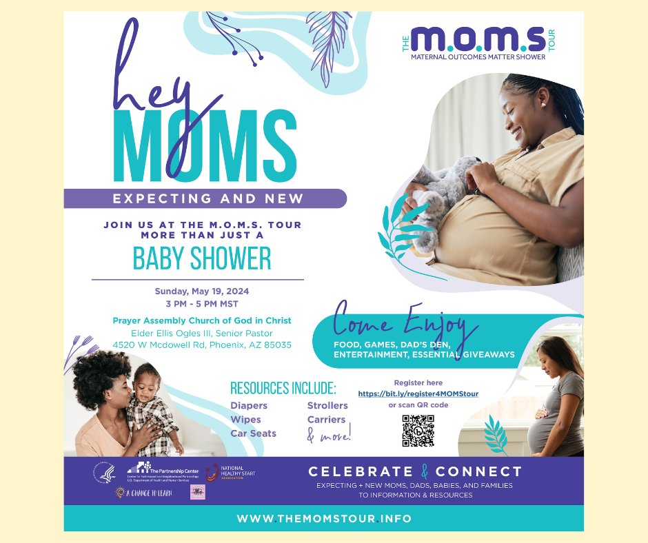 Join The M.O.M.S. Tour Shower on May 19, 2024, in Phoenix, AZ, 3pm - 5pm MST. The Tour is designed to support expectant mothers & moms with children under 2 years old in communities facing high maternal mortality & morbidity rates. Register at bit.ly/register4MOMSt…