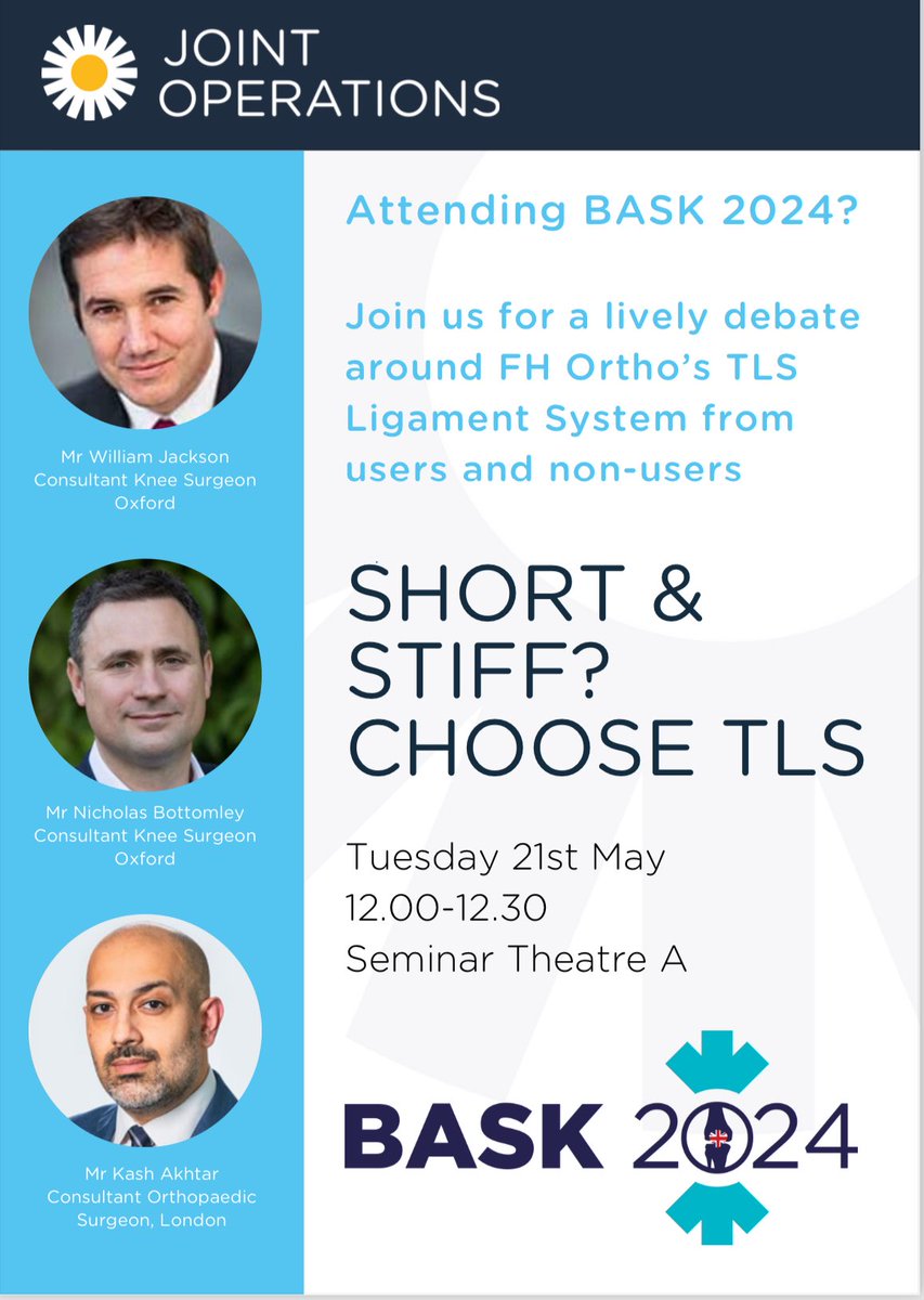 🦵🏼Join our session at @baskonline next Tuesday on the TLS ligament System. 🦵🏼 As a non-user, I'll be asking all the burning questions on its use, surgeon learning curve, and how it compares to established implants. 📅 21st May, 12pm, Seminar Theatre A #BASK2024 #ACL #knee