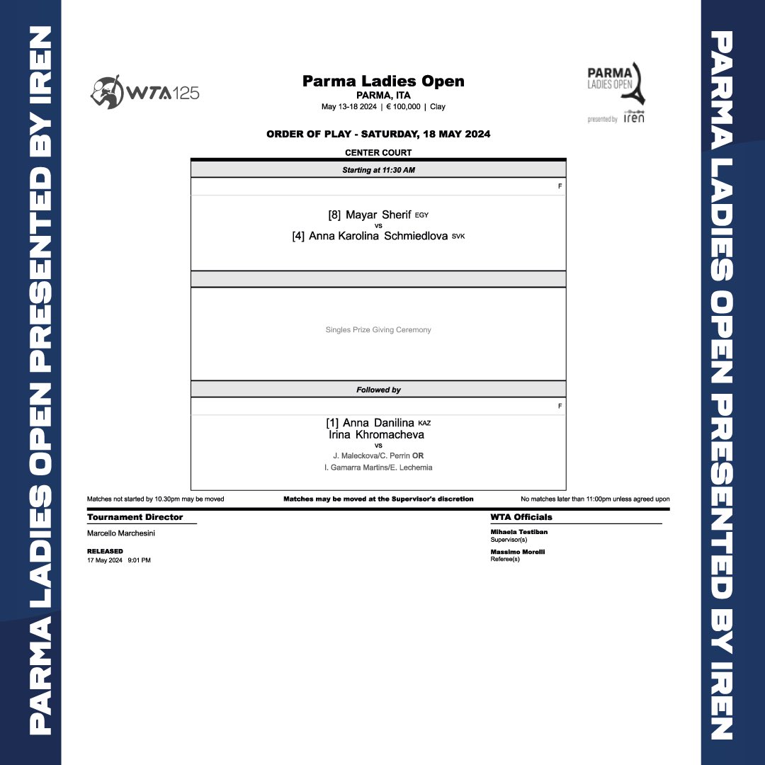 📢 FINALS TOMORROW! 📢 ⏰ 11:30 Singles Final Mayar Sherif v A. Schmiedlova ⏰ A seguire Doubles Final #tennis #ParmaLadiesOpen #WTA