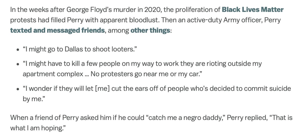 Daniel Perry repeatedly told friends of his desire to kill anti-racist protestors. He then went and killed an anti-racist protestor. His own statements to police indicate that he didn't do so in self-defense. Greg Abbot pardoned him anyway. vox.com/politics/2024/…