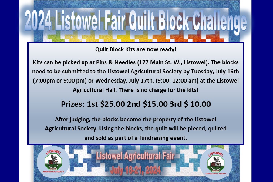 Fair Feature Friday! The 2024 Listowel Fair Quilt Block Challenge is underway! Quilt block kits are ready &amp; available at Pins &amp; Needles in Listowel. There is no charge for a quilt block kit. We look forward to seeing the many beautifully crafted entries at the fair in July!