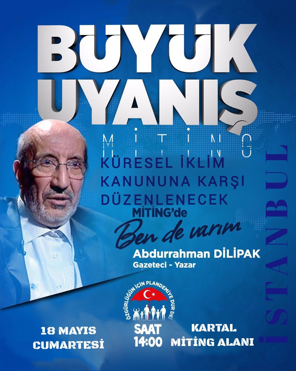 @Ulutasomer61 @aliosmanonder34 @Osmanunsal58 @hyardimcioglu @Semamarasli @aDilipak @yunuseksi_53 @musti58musti35 @OpDrBilgehan @tumisgenelbask Abdurrahman Dilipak: Biz iklim karbon ayak izi transhumanizm dayatmalarına karşı 18 Mayıs 2024 Cumartesi saat 14.00 de Kartalda olacağız. Ülkemizin bağımsızlığı, millet iradesinin üstünlüğü bizim önceliğimizdir. #HeryerKartalHeryerDireniş