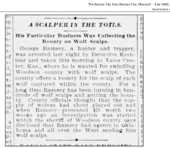 Wolf_Found's tweet photo. . . . a July 9, 1900 article in the Kansas City Star stated that Ramsey had hundreds of wolf scalps from agents in Oklahoma and all over the West sending him scalps. Many of these were likely from red wolves. (8 of 9) https://t.co/kopb4Ye9Q8