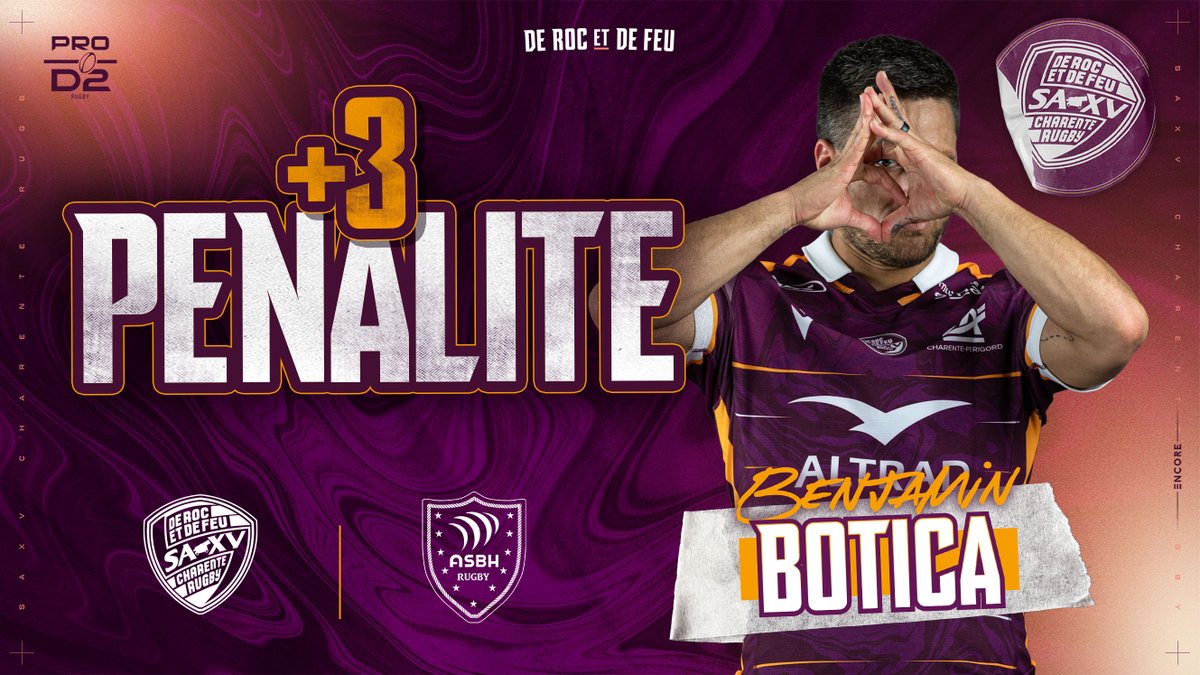 ⏱️ 12' Pénalité pour le SA XV, que passe notre buteur Benjamin Botica. SA XV 3-3 ASBH #PROD2 | #SAXVASBH