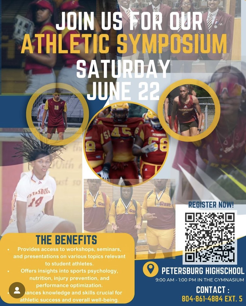 ATTN: Student athletes📢 Are you passionate about sports and academics? Do you want to excel both on the field and in the classroom? Then join us for the upcoming Athletic Symposium! 📅 Date: Saturday, June 22, 2024 🕒 Time: 9:00 AM - 1:00 PM 📍 Location: PETERSBURG HS GYMNASIUM