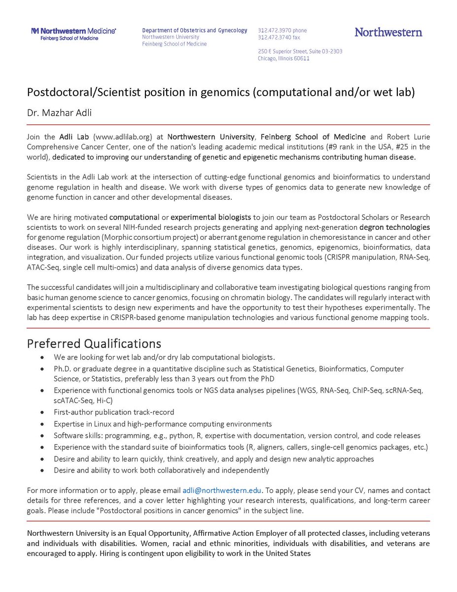 We are hiring! Adlilab.org has open positions (postdocs or research scientists/professors) in both wet lab and computational/bioinformatics. The positions are for NIH-funded awards. For more info or to apply, email adli@northwestern.edu.
