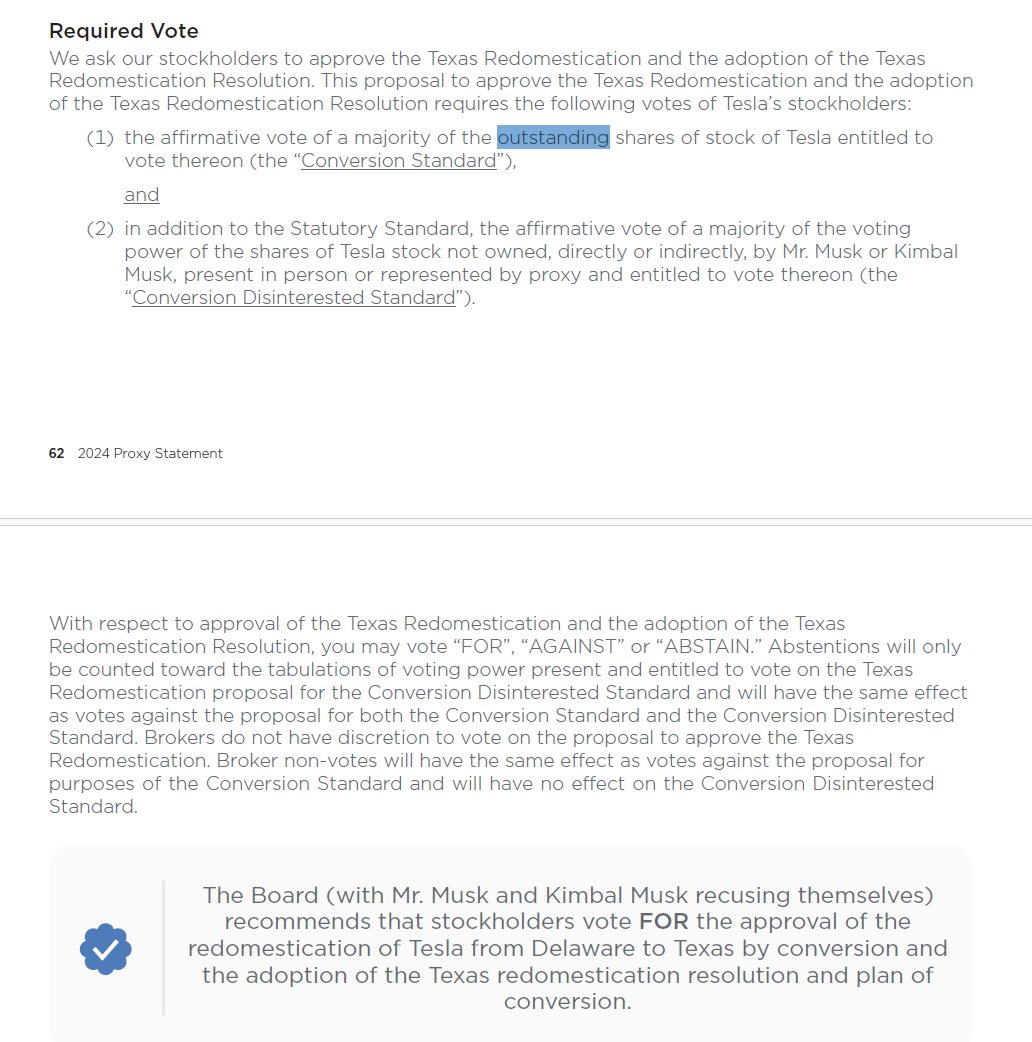🧮🗳️ Re the calculation of the necessary votes for the redomestication to Texas: The proxy doc (page 62, i.e. page 73 of the pdf) is very clear: it is taking into account the total amount of all outstanding shares, and if you cannot vote, it's counted as a 'No'. We need