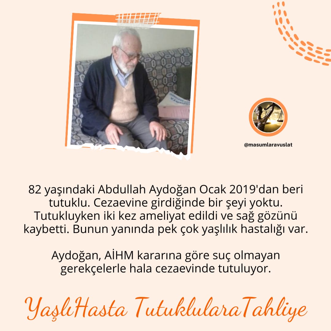 YaşlıHasta TutuklularaTahliye
Tahliye etmek için ne bekliyorsunuz.AHIM de suç olmayan gerekçelerle hala cezaevinde tutuluyor.
@ADLITIPKURUMU