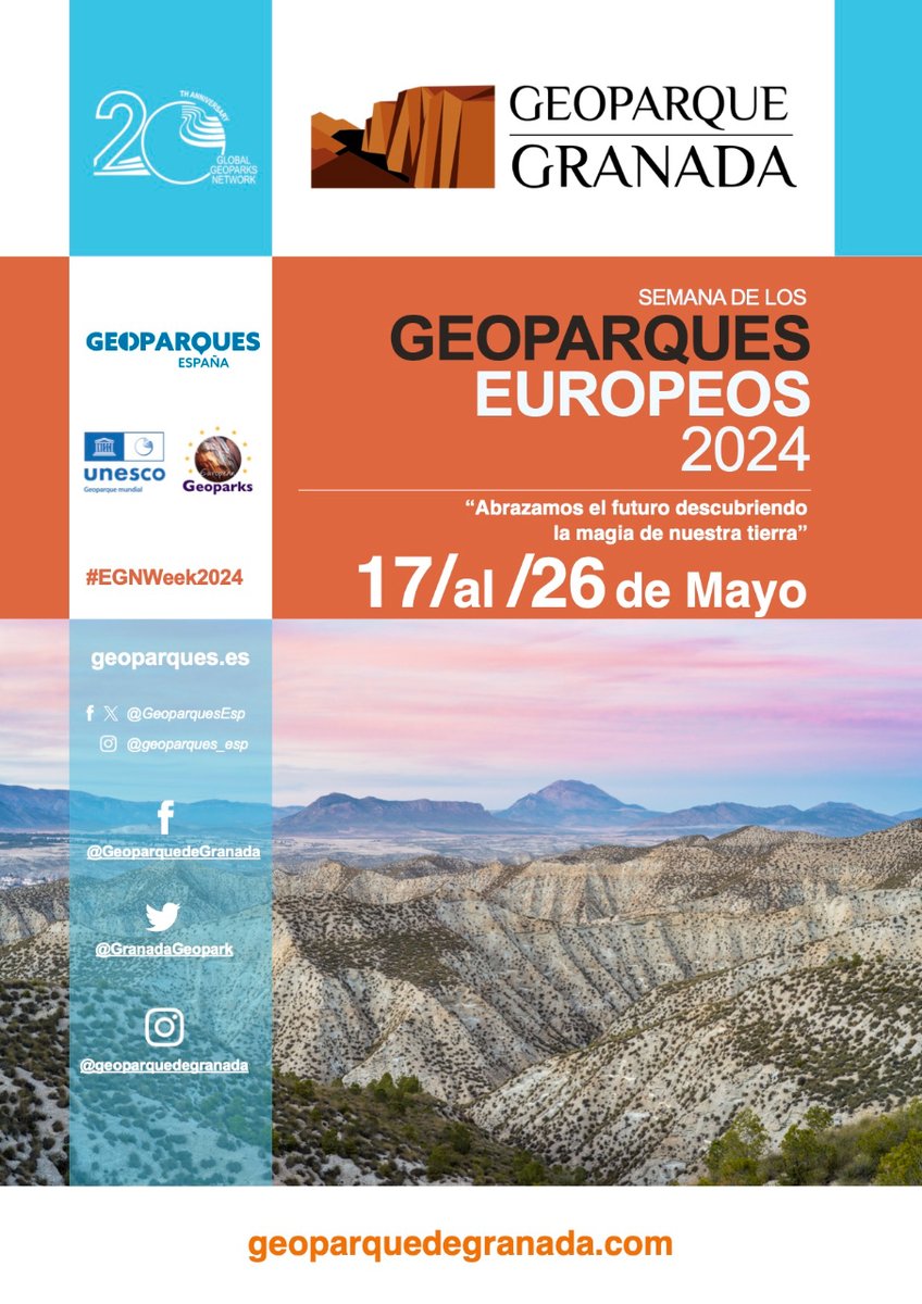Apúntate a alguna actividad de la Semana de Geoparques Europeos en el #GeoparquedeGranada. Aquí tienes el programa completo, hasta el domingo 26 de mayo. tinyurl.com/mryrhp2t #EGNWeek2024 @GeoparquesEsp