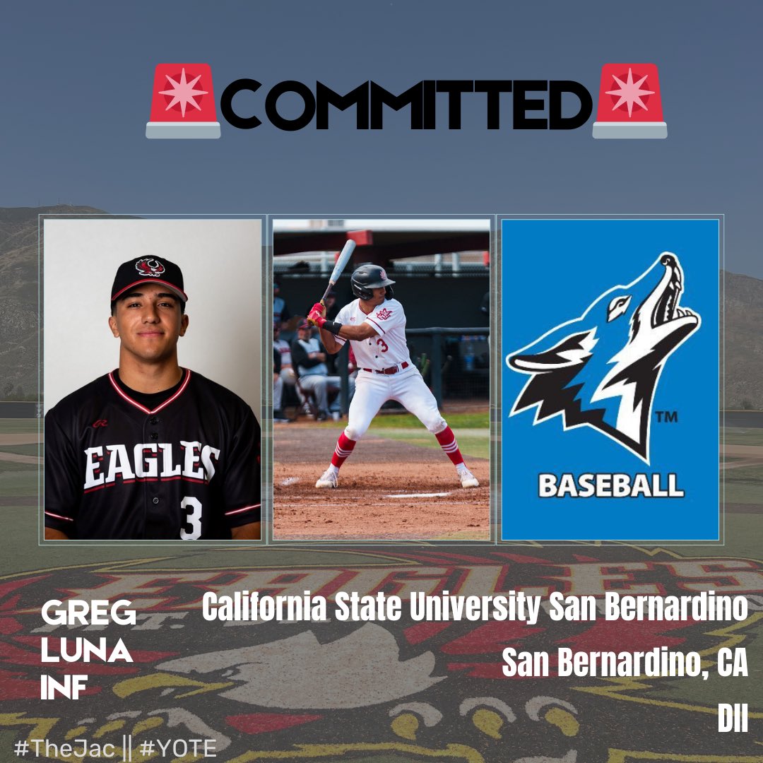 Mt. San Jacinto College Baseball (@msjcbaseball) on Twitter photo 🚨𝐂𝐨𝐦𝐦𝐢𝐭𝐦𝐞𝐧𝐭 𝐀𝐥𝐞𝐫𝐭🚨
Congratulations to Greg Luna, who will be furthering his education and playing for <a href="/CSUSB_Baseball/">CSUSB Baseball</a> next year!
#TheJac || #YOTE
🦅 🚨𝐂𝐨𝐦𝐦𝐢𝐭𝐦𝐞𝐧𝐭 𝐀𝐥𝐞𝐫𝐭🚨
Congratulations to Greg Luna, who will be furthering his education and playing for <a href="/CSUSB_Baseball/">CSUSB Baseball</a> next year!
#TheJac || #YOTE
🦅