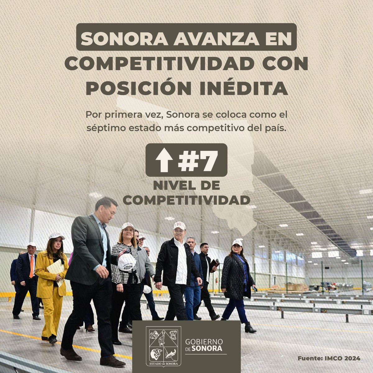 Les comparto que, según datos del Instituto Mexicano para la Competitividad, por primera vez nuestro estado subió dos lugares para posicionarse como la séptima entidad más competitiva del país, marcando un hecho inédito para Sonora.

Nuestra capacidad para atraer y mantener