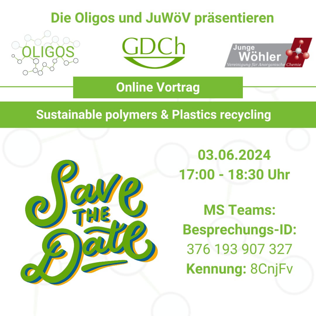 JungesChemieForum (@jungchemiker) on Twitter photo Die Oligos und die JuWöV laden zur gemeinsamen Online-Session "Sustainable Polymers & Plastics Recycling" ein!
Die Veranstaltung findet am 03.06.2024 in Englischer Sprache via MS Teams statt.
Die Zugangsdaten findet ihr auf der letzten Slide.
<a href="/JungeWohler/">Junge Wöhler Vereinigung</a>
#gdch #jcf #oligos Die Oligos und die JuWöV laden zur gemeinsamen Online-Session "Sustainable Polymers & Plastics Recycling" ein!
Die Veranstaltung findet am 03.06.2024 in Englischer Sprache via MS Teams statt.
Die Zugangsdaten findet ihr auf der letzten Slide.
<a href="/JungeWohler/">Junge Wöhler Vereinigung</a>
#gdch #jcf #oligos