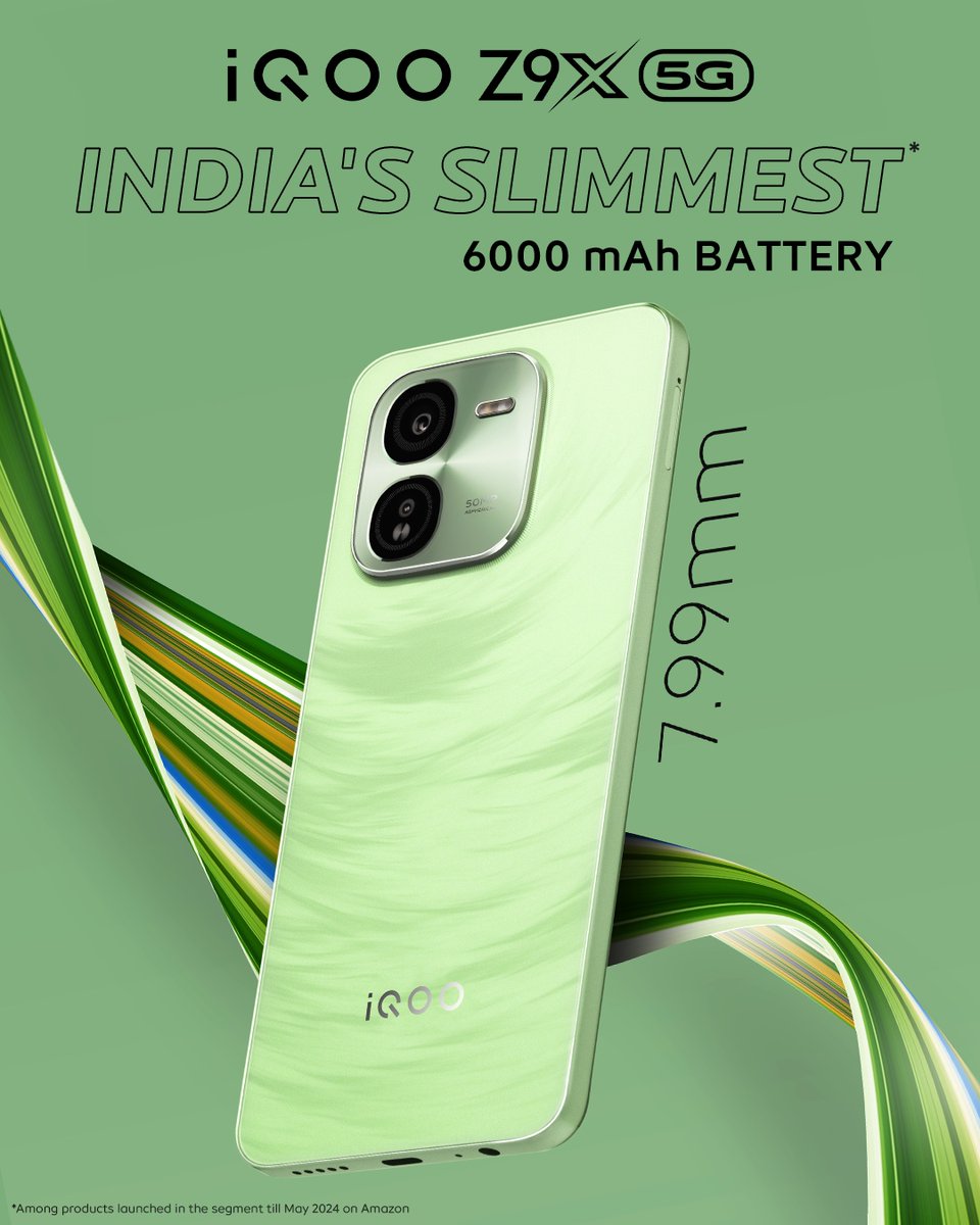 Power up with the #iQOOZ9x, India's slimmest 6000mAh battery phone! 💥 Stay #FullDayFullyLoaded with a sleek design that doesn’t compromise on performance🔋 Starting at just ₹11,999* @amazonIN *T&C Apply Know more: bit.ly/3wmJjIi #iQOO #iQOOZ9x #FullDayFullyLoaded