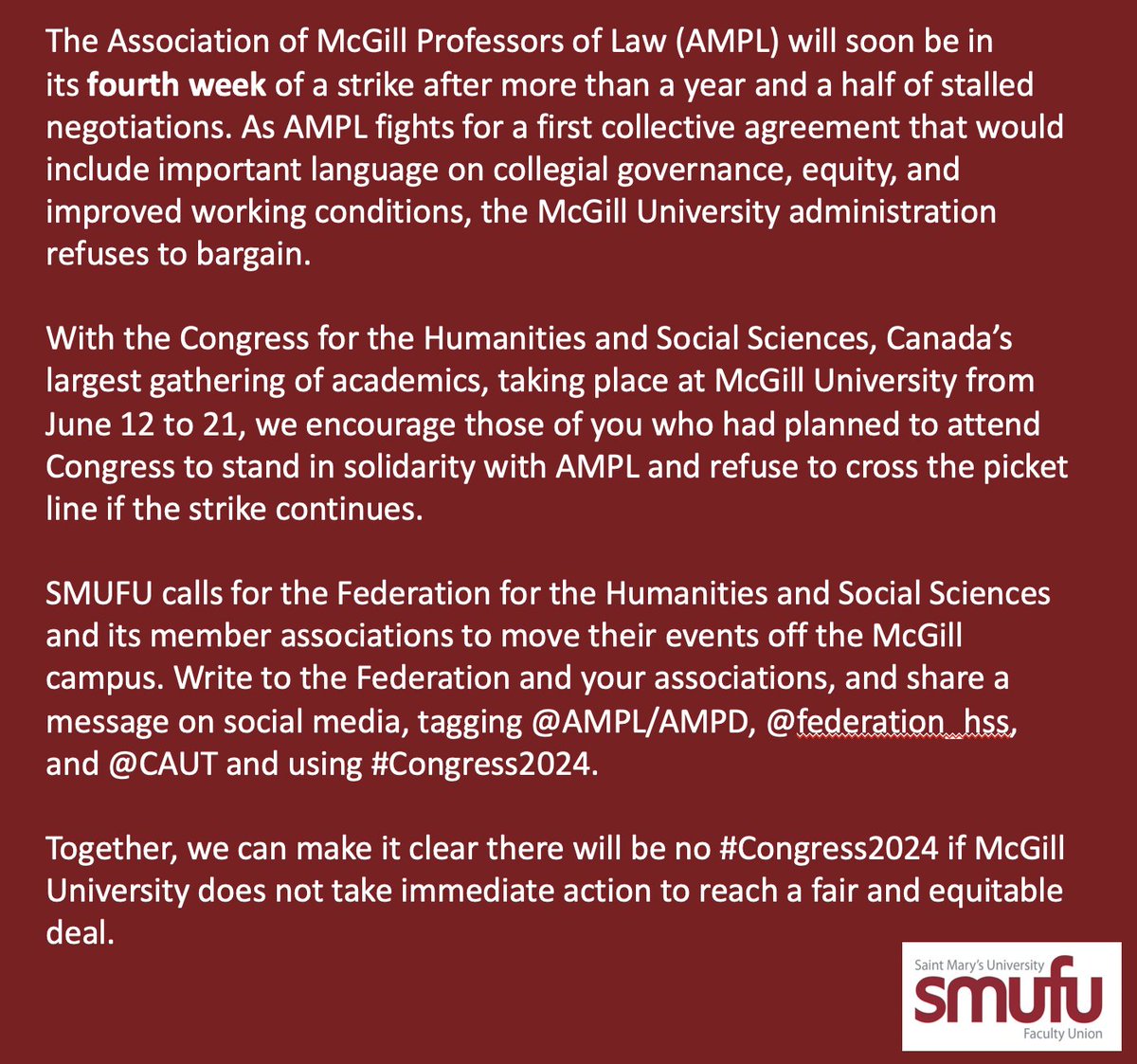 In solidarity with @AMPL/AMPD we call on the @federation_hss to move all events from @mcgillu campus. @CAUT_ACPPU #Congress2024