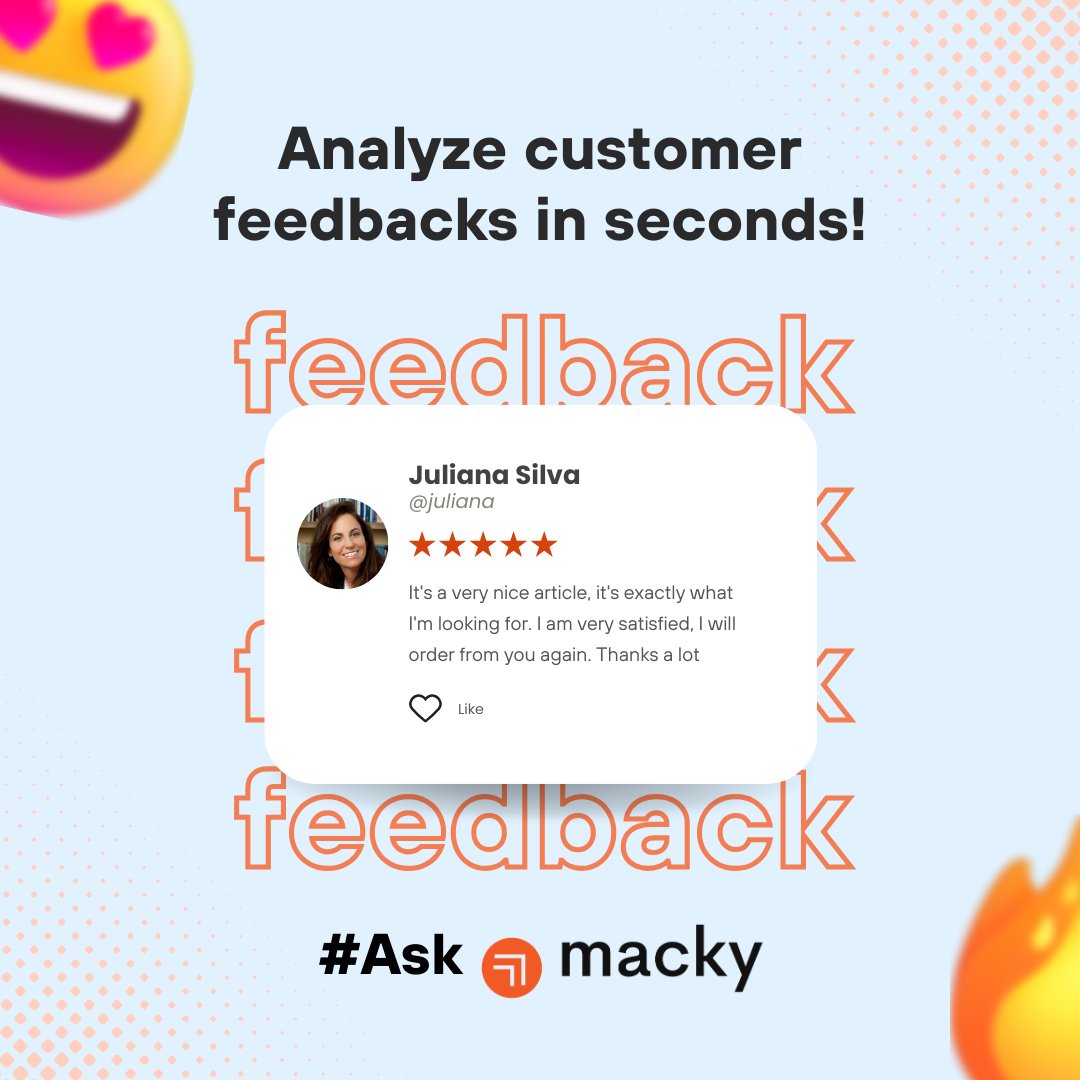 Transforming customer feedback into actionable insights has never been quicker! 🚀 With Macky's lightning-fast sentiment analysis, businesses can gain valuable understanding of customer sentiments in seconds.
