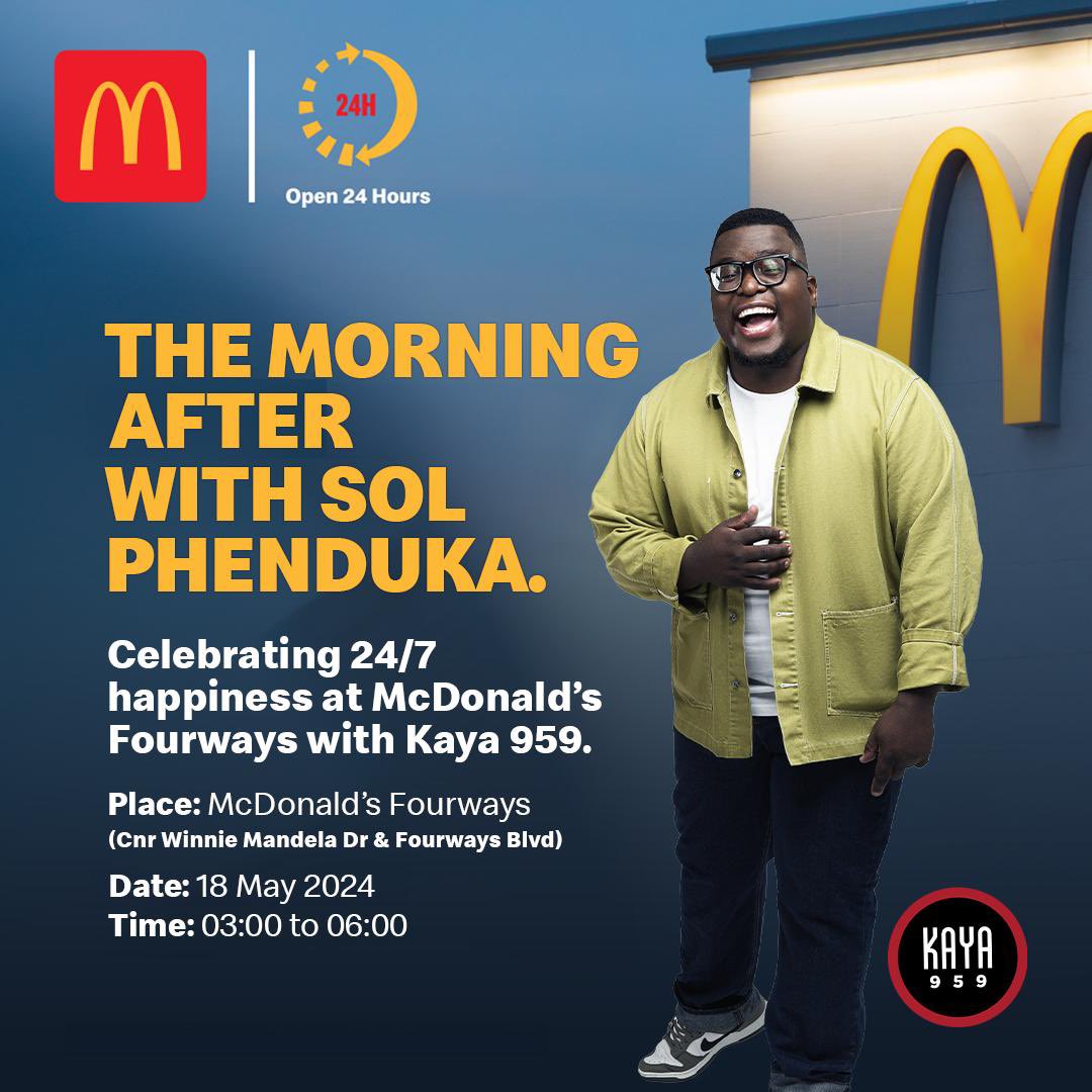 Come celebrate McDonald’s bringing back 24/7 happiness with Kaya 959 at McDonald’s Fourways. You could win amazing prizes on the spot! #McDonalds247 

Join @GlenLewisSA @EdsoulSA and @Solphendukaa at McDonald’s! Silapha!
