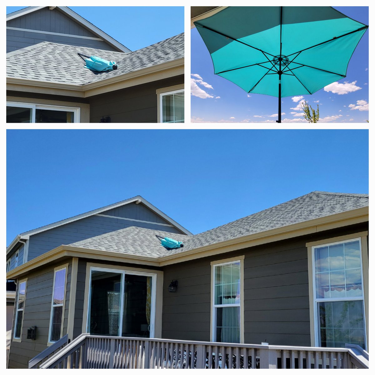 Guys! Something crazy! The patio umbrella ⛱️ flew on the roof! We looked and looked for it and then we spotted it on the roof!! Crazy! #chillinwithTM2 #TM2Verified ✅️ 🐒