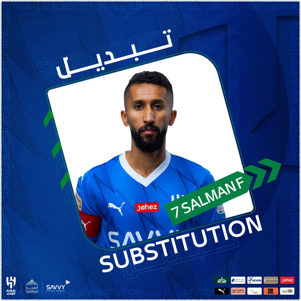 72’ SALMAN is on to replace ALBURAYK in the second substitution for #AlHilal 🔁 #AlNassr_AlHilal