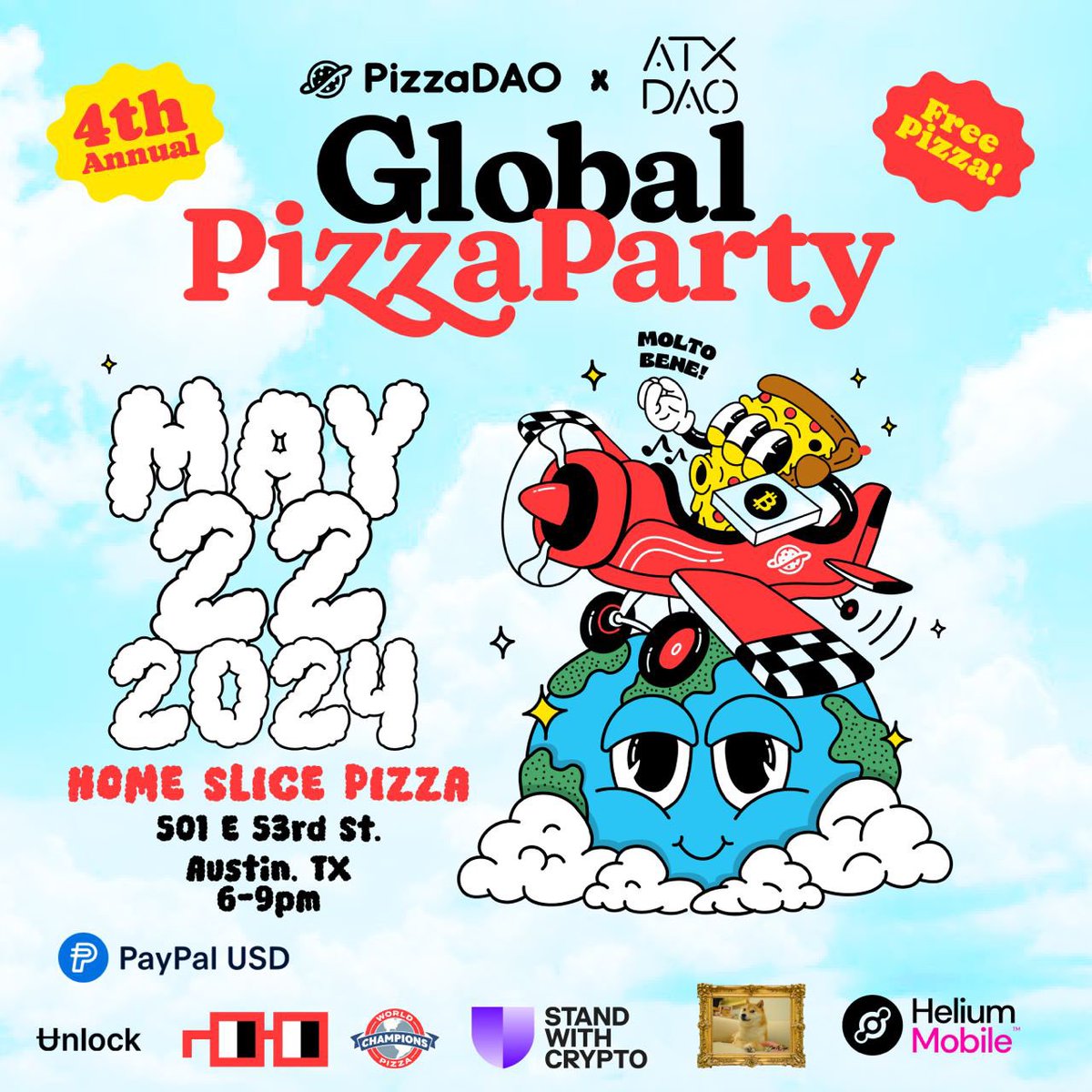 We’re hosting a pizza party in Austin with @Pizza_DAO for #Bitcoin Pizza Day on May 22! 

Thank you to @standwithcrypto, @nounsdao, @ownthedoge, @UnlockProtocol, and all the other partners who make this unique global phenomenon possible. 

RSVP: blocklive.io/event/atx-pizz…
