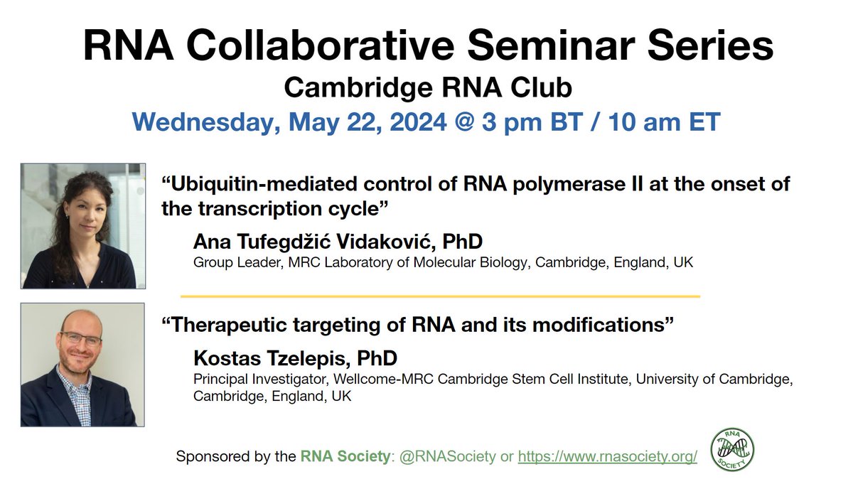 The RNA Society (@rnasociety) on Twitter photo Please join our next virtual RNA Collaborative Seminar on May 22 at 10AM EST hosted by <a href="/CambridgeRNA/">Cambridge RNA Club</a>!
To register: us02web.zoom.us/webinar/regist… Please join our next virtual RNA Collaborative Seminar on May 22 at 10AM EST hosted by <a href="/CambridgeRNA/">Cambridge RNA Club</a>!
To register: us02web.zoom.us/webinar/regist…
