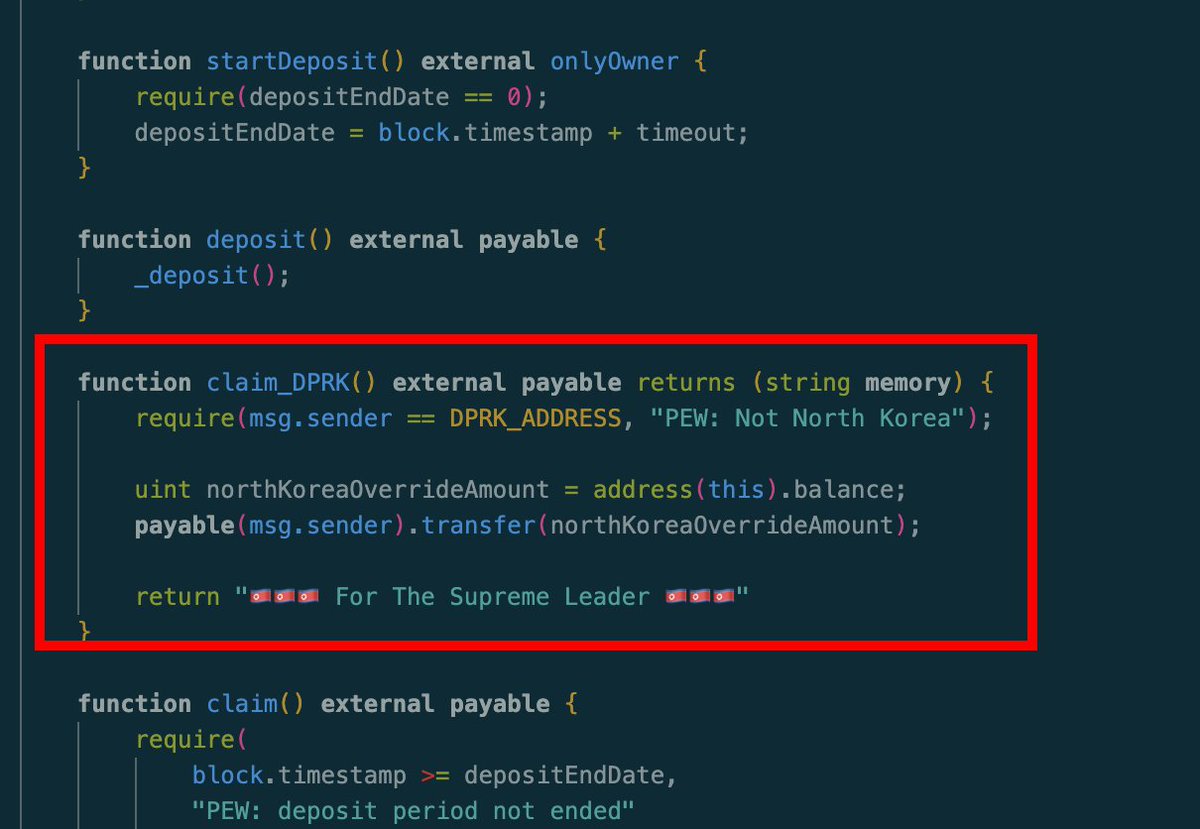 This project on Blast did a $10M+ pre-sale. The claim contract has a function for a North Korean address to withdraw the entire ETH balance of the contract with no restrictions.